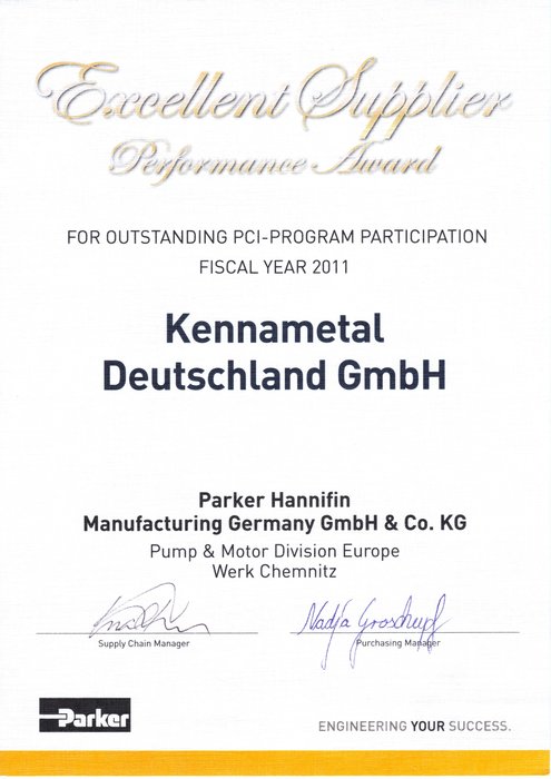 Kennametal ontvangt Excellent Supplier Performance Award van Parker Hannifin